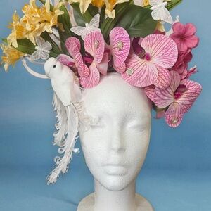 Floral Pink Orchid Headpiece with White Feather Bird - Women Accessories